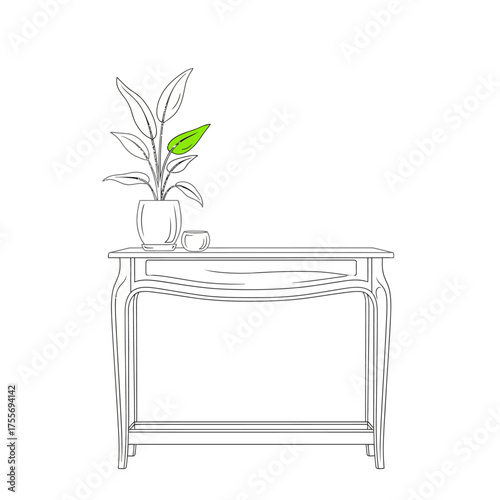 Elegant console table with a potted plant and a cup, isolated on white background, creating a minimalist and serene atmosphere in a modern interior design concept