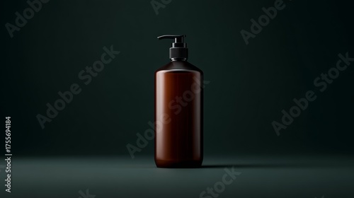 Amber pump bottle on dark green background