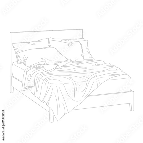 Illustration of a cozy bed with pillows and a blanket, isolated on white background perfect for illustrating sleep, rest, or relaxation in a minimalist style