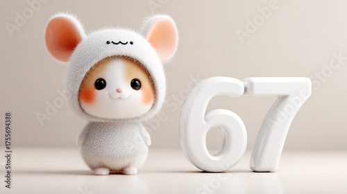 Cute animal character wearing fluffy white outfit with large ears, standing beside bright number 67, evoking playful and cheerful atmosphere