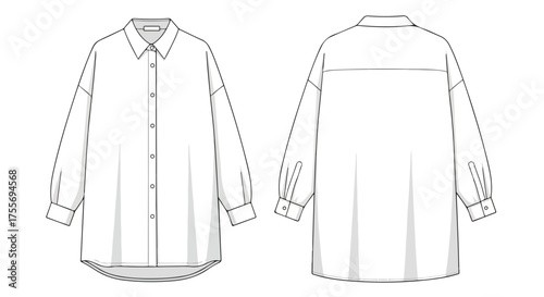 Technical fashion drawing presenting a front and back view of an oversized shirt dress vector illustration