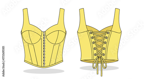 Detailed vector illustration showcasing the front and back design of a yellow laced corset garment, providing clear and comprehensive fashion