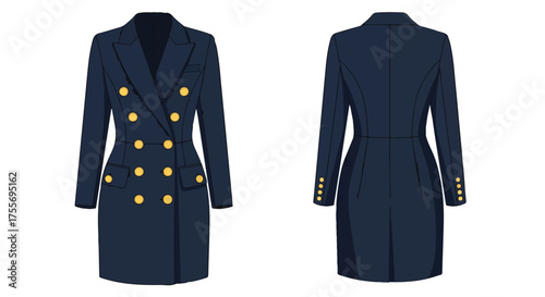 Elegant double-breasted blue dress illustration showcasing front and back views on a seamless white backdrop offering a complete perspective of its