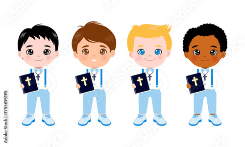 Cute boys with bible and rosary for First communion clipart