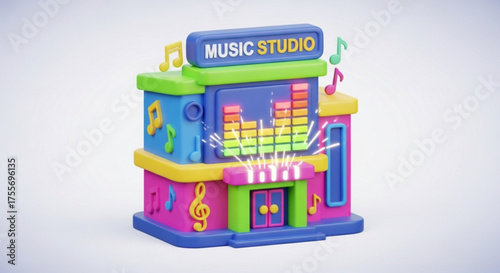 A vibrant 3d music studio building with colorful design, musical notes, and equalizer display, creating a playful and inviting atmosphere