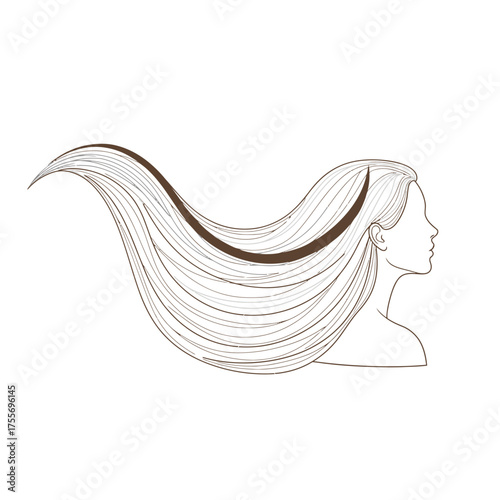 A woman with long hair in a continuous line drawing isolated on white background this symbolizes beauty, femininity, or a flowing movement