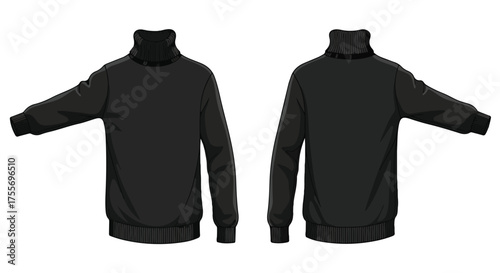 Detailed illustration of a black turtleneck sweater, showcasing front and back design against a pure white background ideal for fashion design mockups