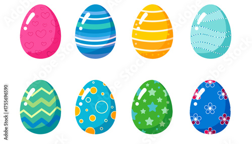 Colorful Easter Eggs Vector Set: Festive Flat Design Symbols with Hearts, Stripes, Zigzags, Polka Dots, and Floral Patterns for Spring Holiday Celebration