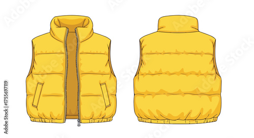 Illustration of a stylish, bright yellow puffer vest, showcased in front and back views on a stark white background