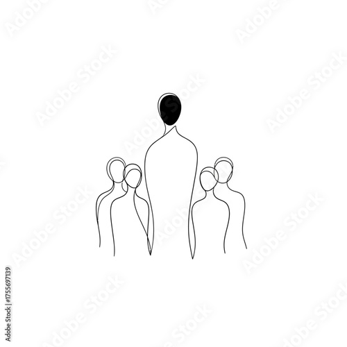 Minimalist line art illustration of a leader standing in front of a group of people isolated on white background, conveying themes of leadership and teamwork