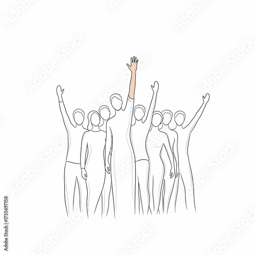 A group of people with their arms raised, depicted in a minimalist line art style, with one arm colored, isolated on white background, conveying unity and support