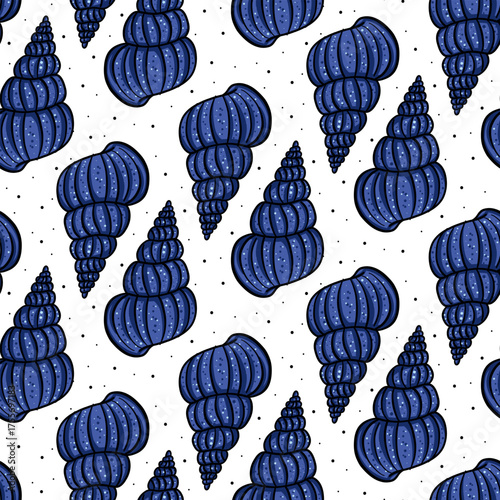 Pattern of Bitumen mesh blue. Colorful flat pattern with the contours of sea shells. Fashionable sea seamless texture for summer design, packaging, fabrics, wallpaper, branding, packaging