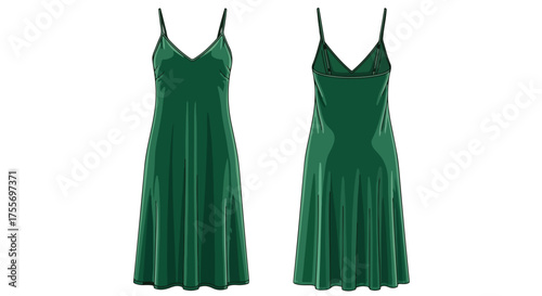 Elegant Emerald Green Slip Dress Design with V-Neckline and Delicate Spaghetti Straps showcasing Front and Back Perspectives