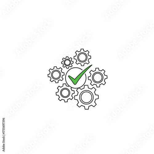 Gears with a check mark, representing efficiency and success, isolated on white background the gears symbolize the working process