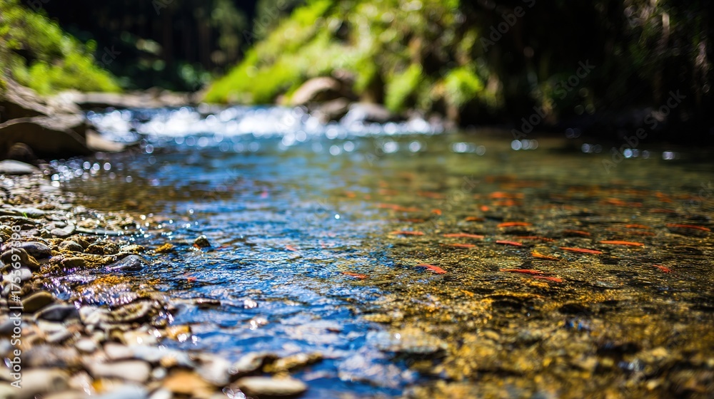 Fototapeta premium aperture. A clear mountain stream with smooth pebbles and small fish swimming. travel magazines, destination branding, designed for outdoor magazines and nature guides, used by graphic designers.