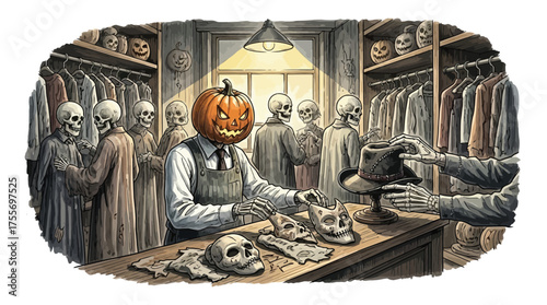 happy halloween illustration. Skeletons shopping in spooky tailor shop, pumpkin-headed tailor preparing masks and hats under eerie Halloween light.
