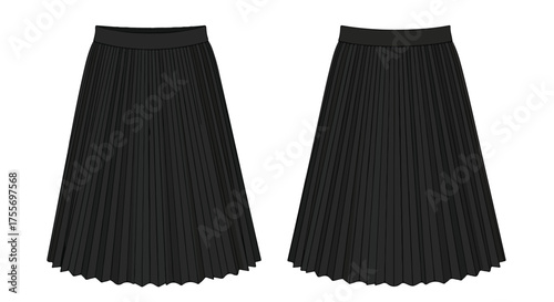 Elegant showcase of two black pleated skirts on a pristine white backdrop for fashion designers and retailers seeking stylish garment presentations