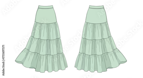 Technical Fashion Drawing of a Tiered Maxi Skirt in Soft Green Hue, Two Perspectives, Detailed Design Showcasing Flowing Fabric and Classic Feminine