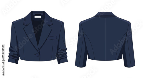 Vector illustration showcasing a fashionable cropped navy blue blazer, front and back view for garment design fashion industry and style guides for