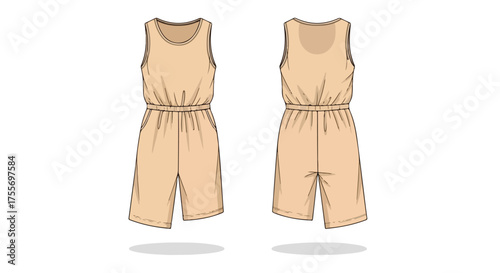 Conceptual technical sketch showcasing a beige jumpsuit design, front and back perspectives, emphasizing minimalist style and garment construction