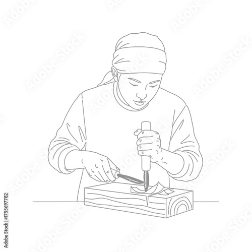 A person carving wood with a chisel and mallet, isolated on white background the artisan is focused on their craft, creating a unique and beautiful piece of art