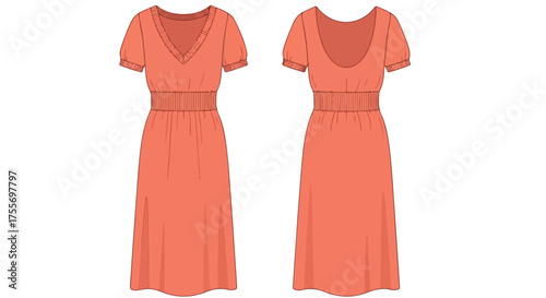 Fashionable peach dress with gathered waist detail front and back views for garment design illustration versatile style perfect for summer