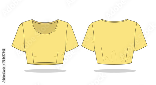Technical drawing of a yellow crop top, showcasing front and back views on a clean white background, illustrating garment design details with