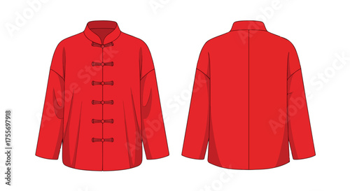 Vibrant red mandarin jacket illustration showcasing both front and back designs with a traditional aesthetic and button detailing