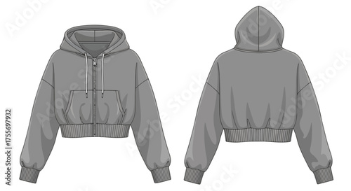 Technical fashion illustration of a cropped hooded sweatshirt showcasing the front and back design details in grey color for clothing design reference