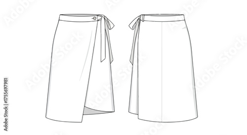 Technical fashion illustration showcasing a wrap skirt with tie closure and a-line silhouette in a minimal style