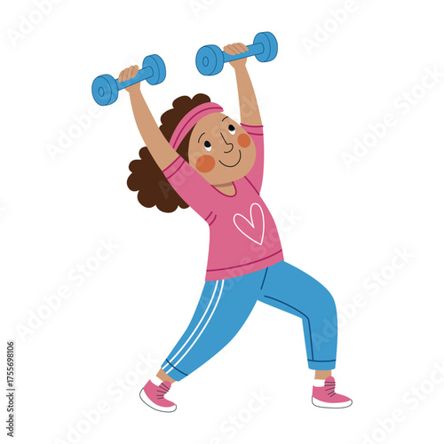 The girl is exercising with dumbbells, fitness. Vector illustration isolated on white background.