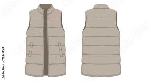 Isolated stylish beige puffer vest illustration showcasing front and back views for fashion design reference and clothing template ideas