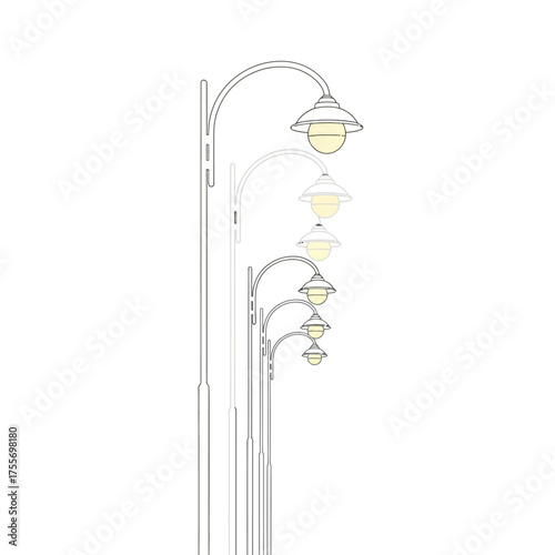 A row of vintage streetlights isolated on white background, casting a warm glow, creating a nostalgic atmosphere, and adding charm to the urban landscape