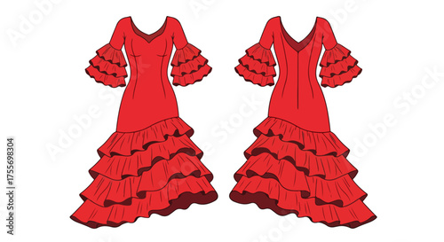Vibrant Red Flamenco Dresses Displaying Ruffled Sleeves and Cascading Tiered Skirts in a Stylish Fashion Illustration