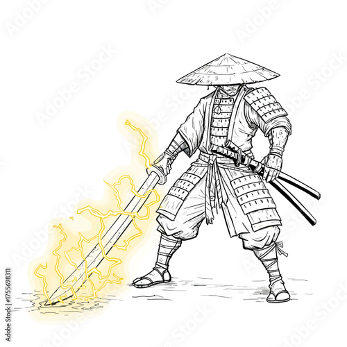 A samurai warrior isolated on white background, wielding a katana with lightning, embodying strength, honor, and the fusion of tradition and supernatural power