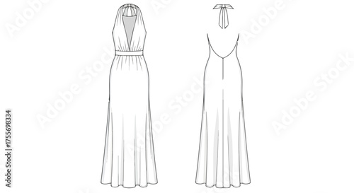 Fashion illustration of a flowy halterneck maxi dress showcasing the front and back views of the elegant garment design