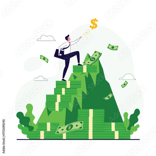 Businessman climbing a mountain of money towards a dollar sign.