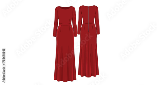 Scarlet Elegance: Front and Back View of a Long-Sleeved Red Gown with Subtle Silhouette Accentuations