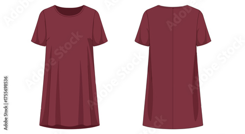 Fashionable crimson t-shirt dress design showcasing front and back views, ideal for style guides and clothing catalog displays with clean presentation