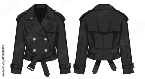Detailed black trench coat illustration showcasing front and back views for fashion design showcasing details and silhouette fashion design guide