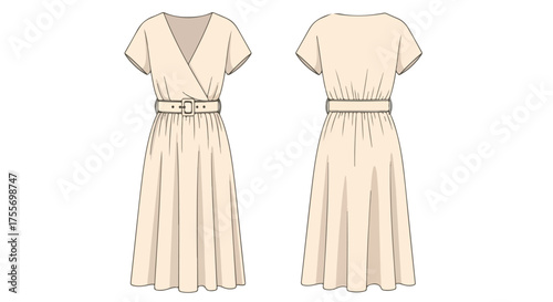 Fashionable midi dress with belt and short sleeves, front and back view, isolated on white background, simple and elegant design