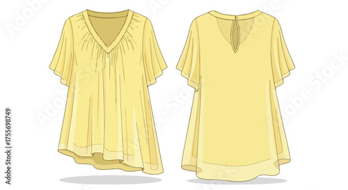 Digital illustration showcasing a butter yellow top with flowing sleeves and a v-neckline design displayed front and back for fashion design resources