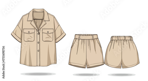 Illustration of women's summer beige outfit, including a button-down shirt with pockets and two pairs of elastic waist shorts displayed against a