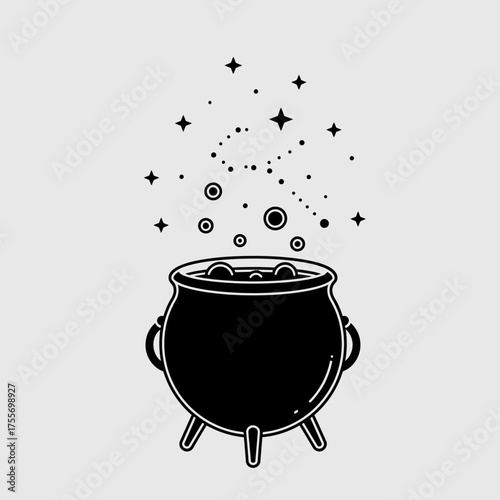 Witchs Cauldron Bubbling with Magic Potion and Stars.