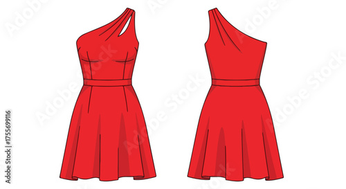 Elegant one-shoulder red dress design displaying the front and back view with a sleek a-line silhouette on a white backdrop