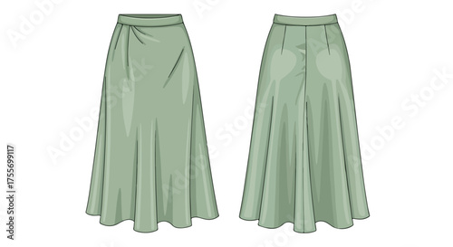 Detailed fashion drawing showcasing front and back views of an elegant, light green, long A-line skirt with subtle pleats and a smooth, flowing