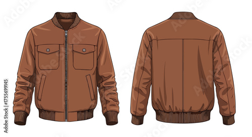 Detailed illustration of a stylish brown bomber jacket showcasing both front and back views, perfect for fashion designs and product presentations