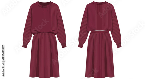 Burgundy long-sleeve midi dress with pleated skirt showcased from front and back perspectives in a studio environment