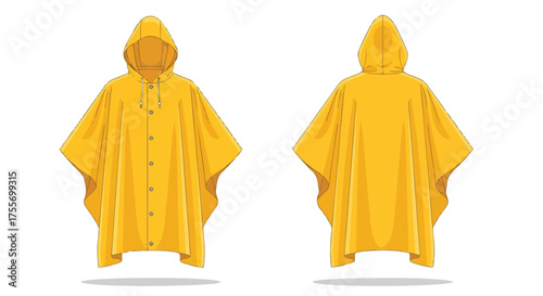Illustrative depiction showcasing a yellow raincoat with a hood, presented from both a front and back perspective on a white background