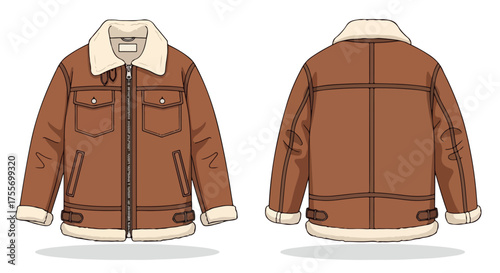Stylish Brown Aviator Jacket Illustration with Plush Cream Collar and Front and Back View Presentation